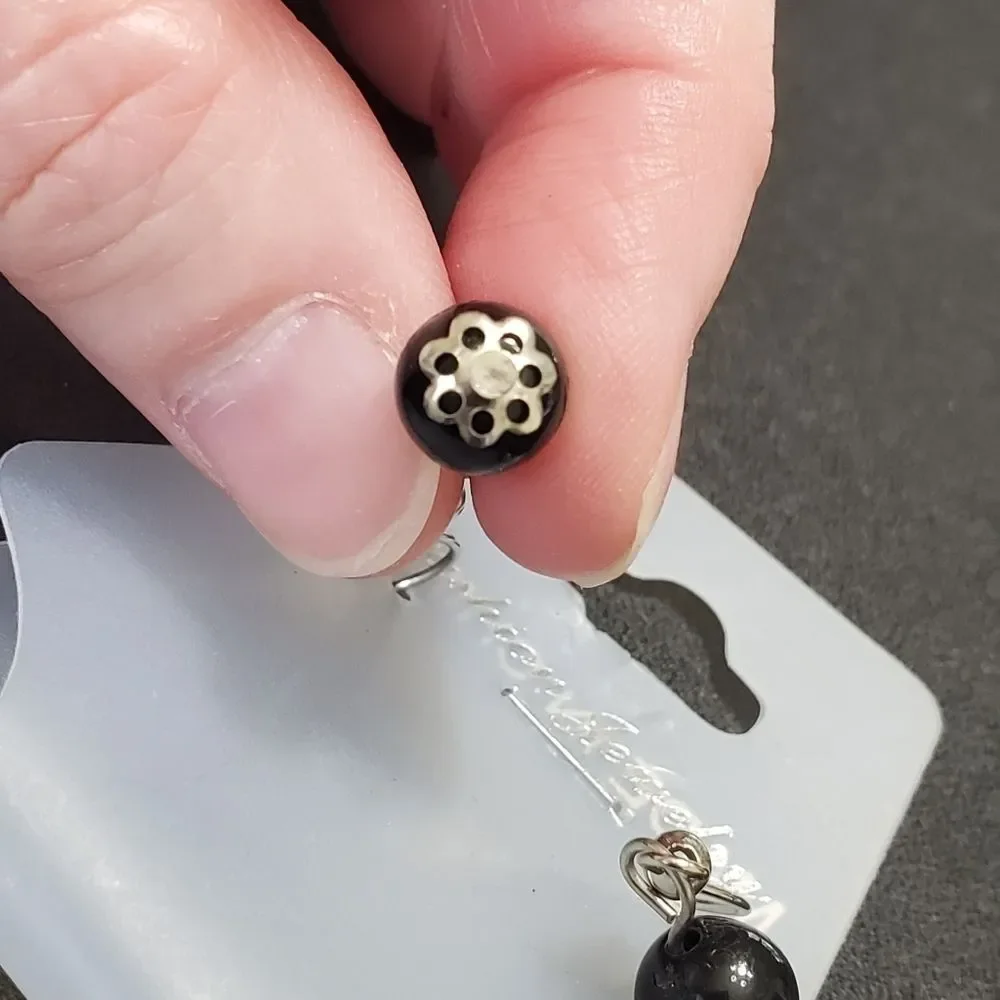 Silver tone black bead earrings
